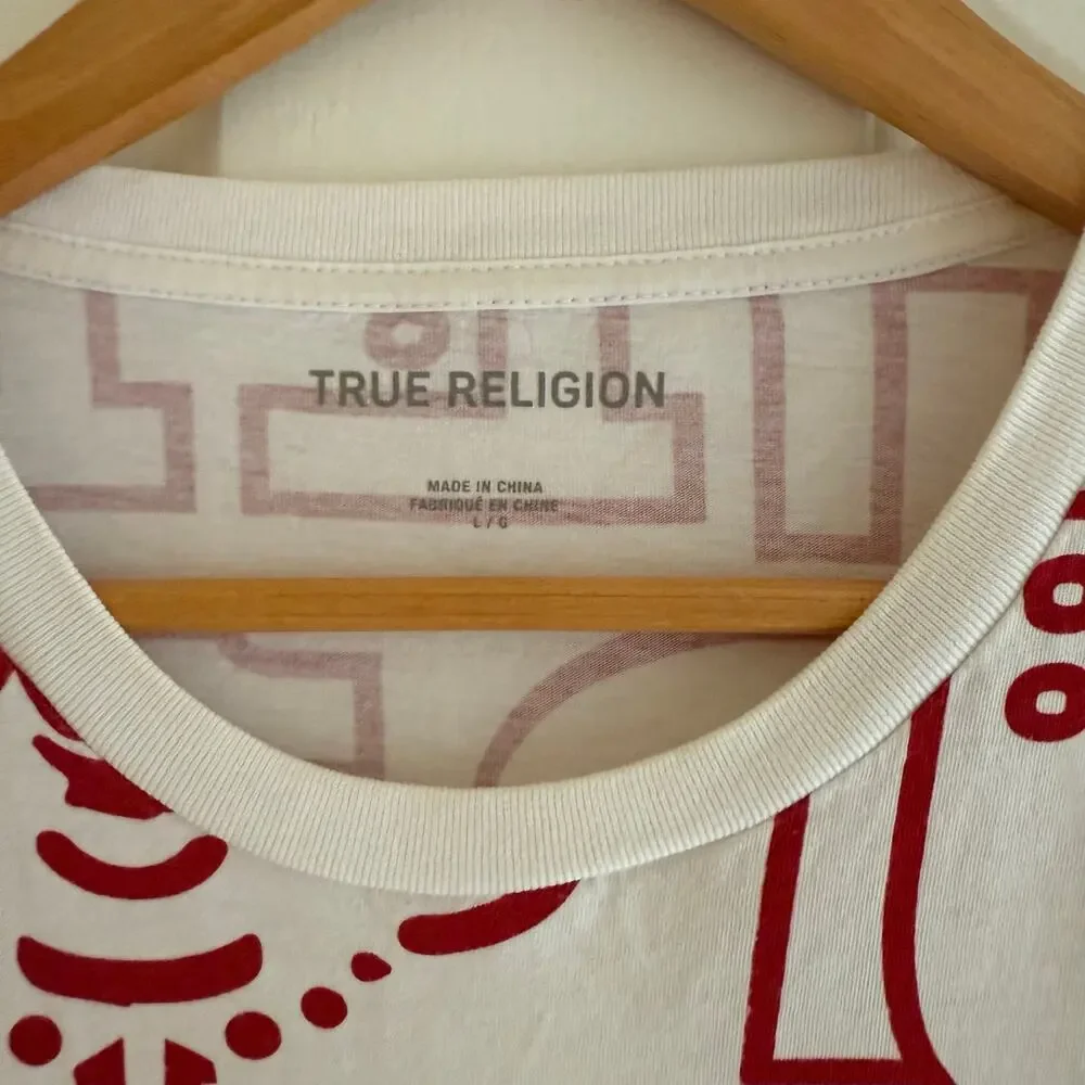 True Religion T-Shirt Mens Large‎ White Red All Over Print Buddha Graphic Y2K